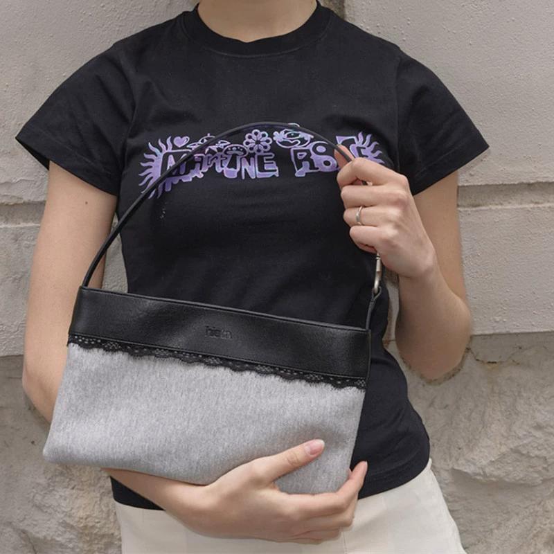 

Splicing Lace Single Shoulder Gray Pink Ctrast Color Spring Summer 2026 Canvas Bag Large Capacity Commuting Armpit Bags чёрный