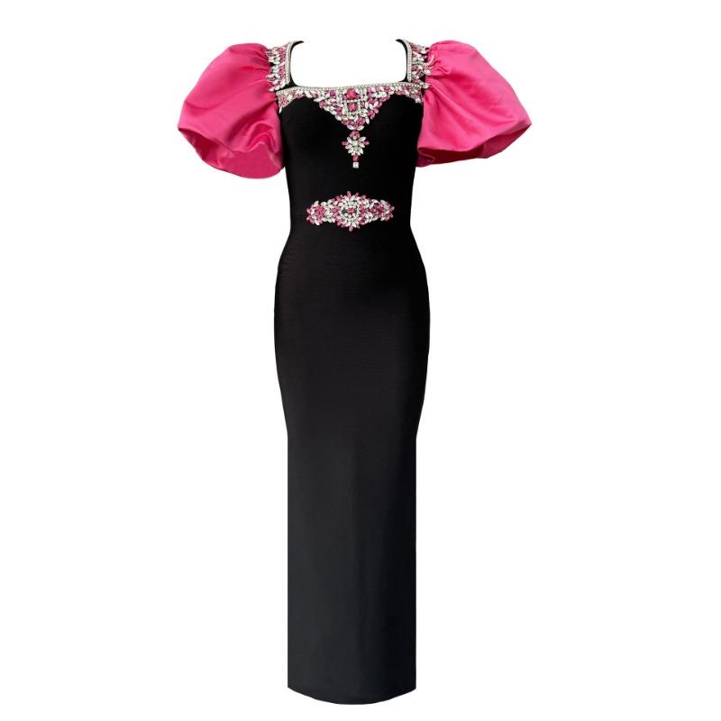 New bandage dress fashionable women's clothing square neck bubble sleeve design sense women's clothing diamond-encrusted evening dress sexy