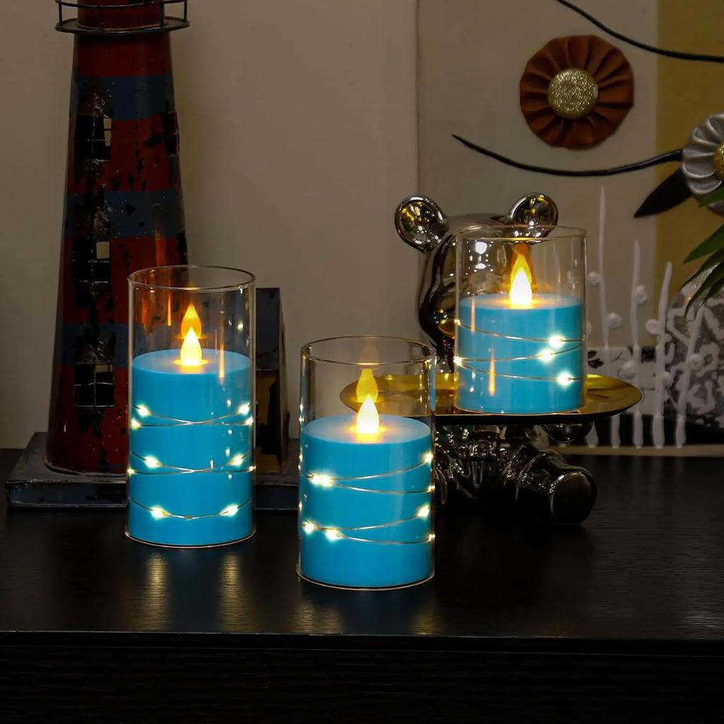 3pcs LED Candles Lights Embedded String Lights Battery Operated with Remote Control Flameless Candle for Halloween Wedding Party