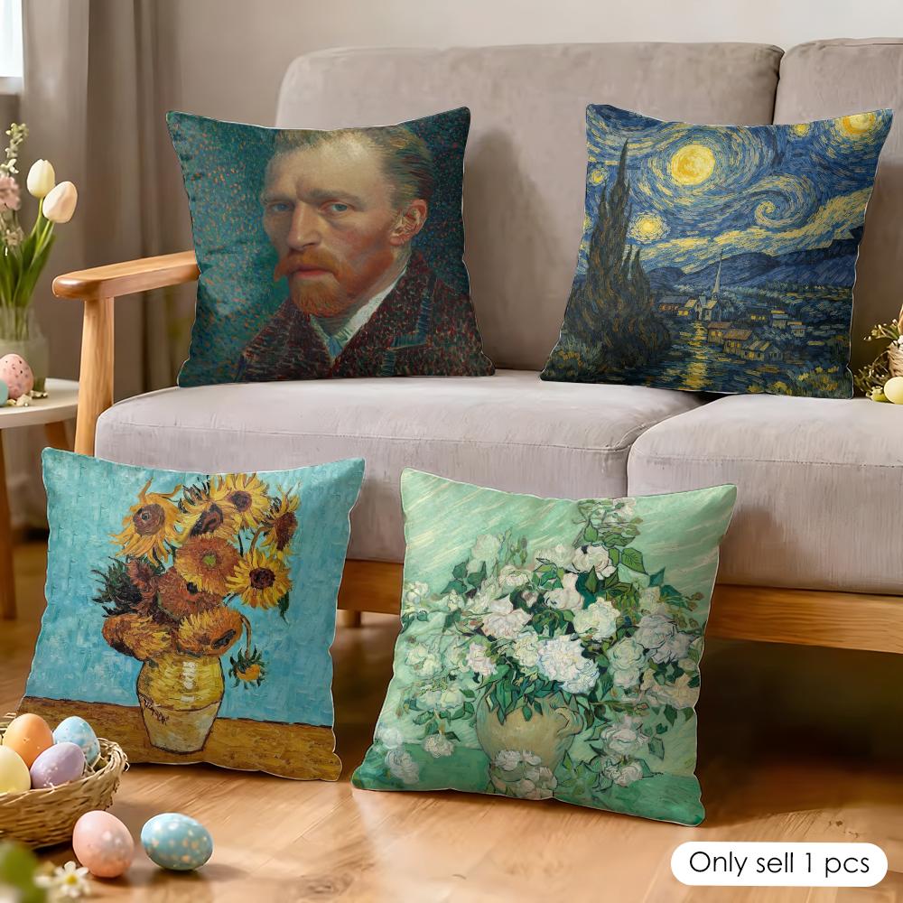 Van Gogh Original Print Cushion Cover Silky Short Plush Invisible Zipper Dustproof Sofa Pillow Case For Home Decor