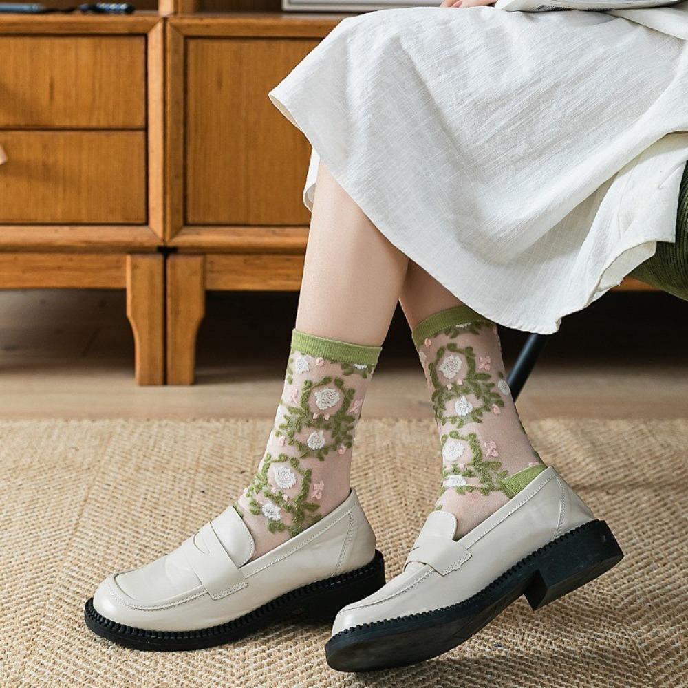 Sweet Floral Women's Socks Transparent Long Socks Fashion Crystal Silk Socks  Summer
