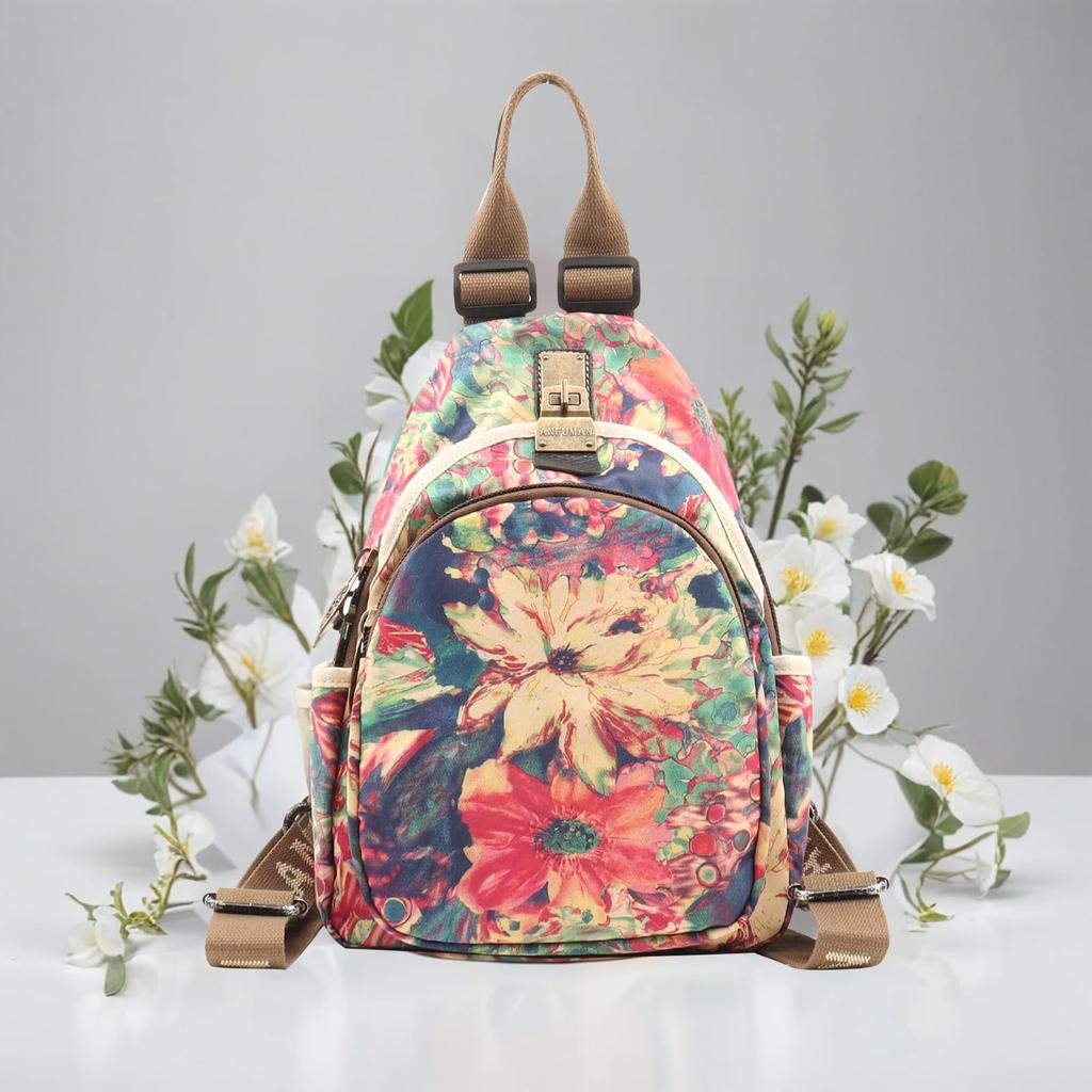ANFUMAN Small Backpack with Wallet for Women, Mini Waterproof Colorful Print Backpack, Leisure Travel Bag, Drawstring, Size M, Casual.