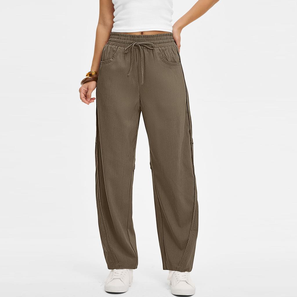 Linen Casual Wide Leg Pants For Women Elastic Waist Versatile Business Casual Work Palazzo Trousers With Pockets