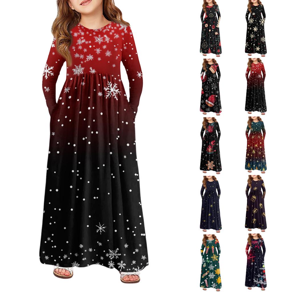 Girls' Maxi Dress - Long Sleeve Pocket Dress Christmas Day