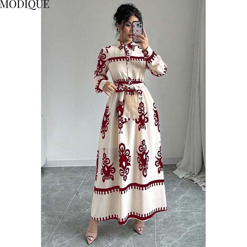 

MODIQUE 2025 Весна Новое женское элегантное платье с принтом и эластичным поясом на талии, длинное женское повседневное платье А-силуэта с длинным рукавом XXL красный