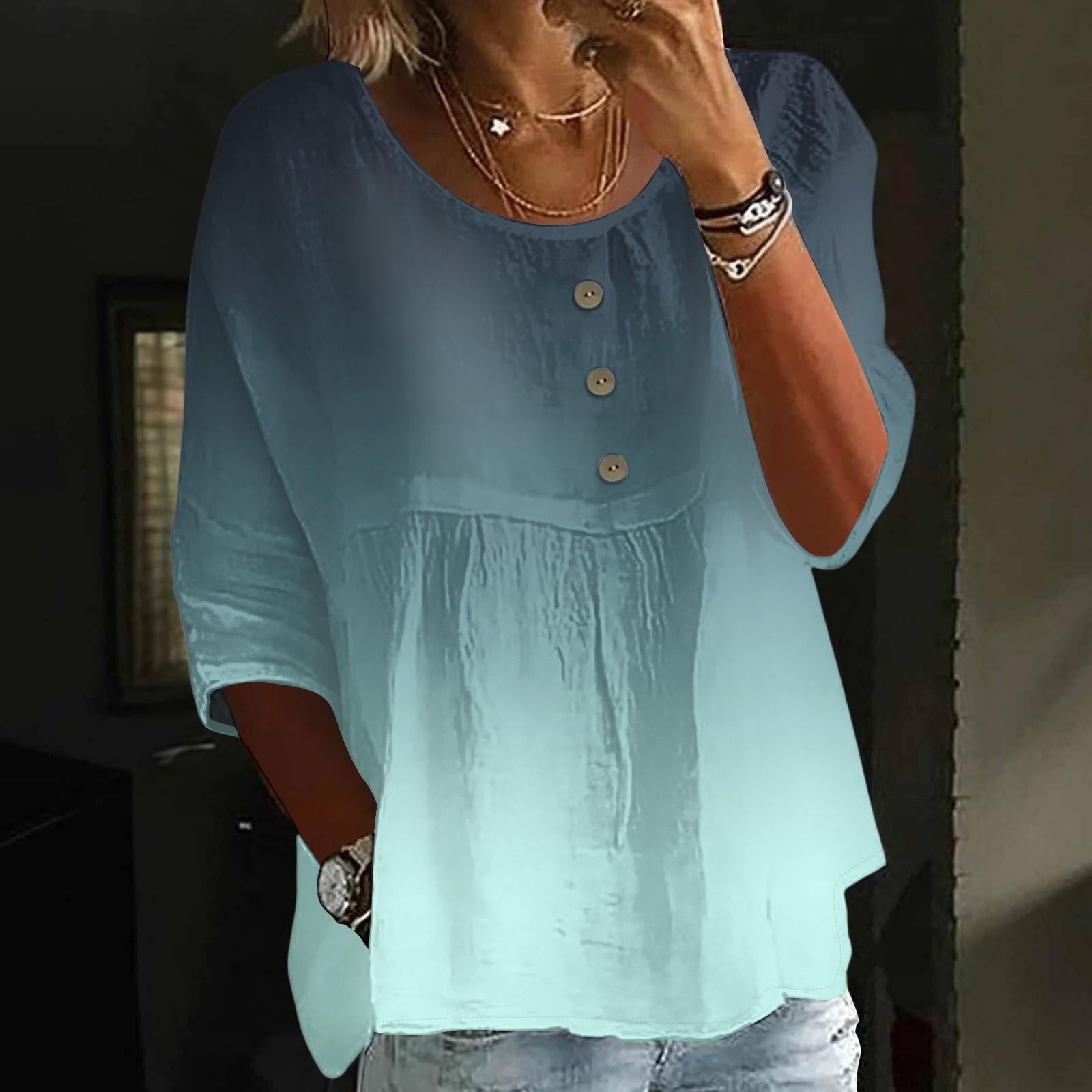 

Women s Casual Fashion Three-quarter Sleeve Loose Round Neck Button Gradient Print Top XXL циан