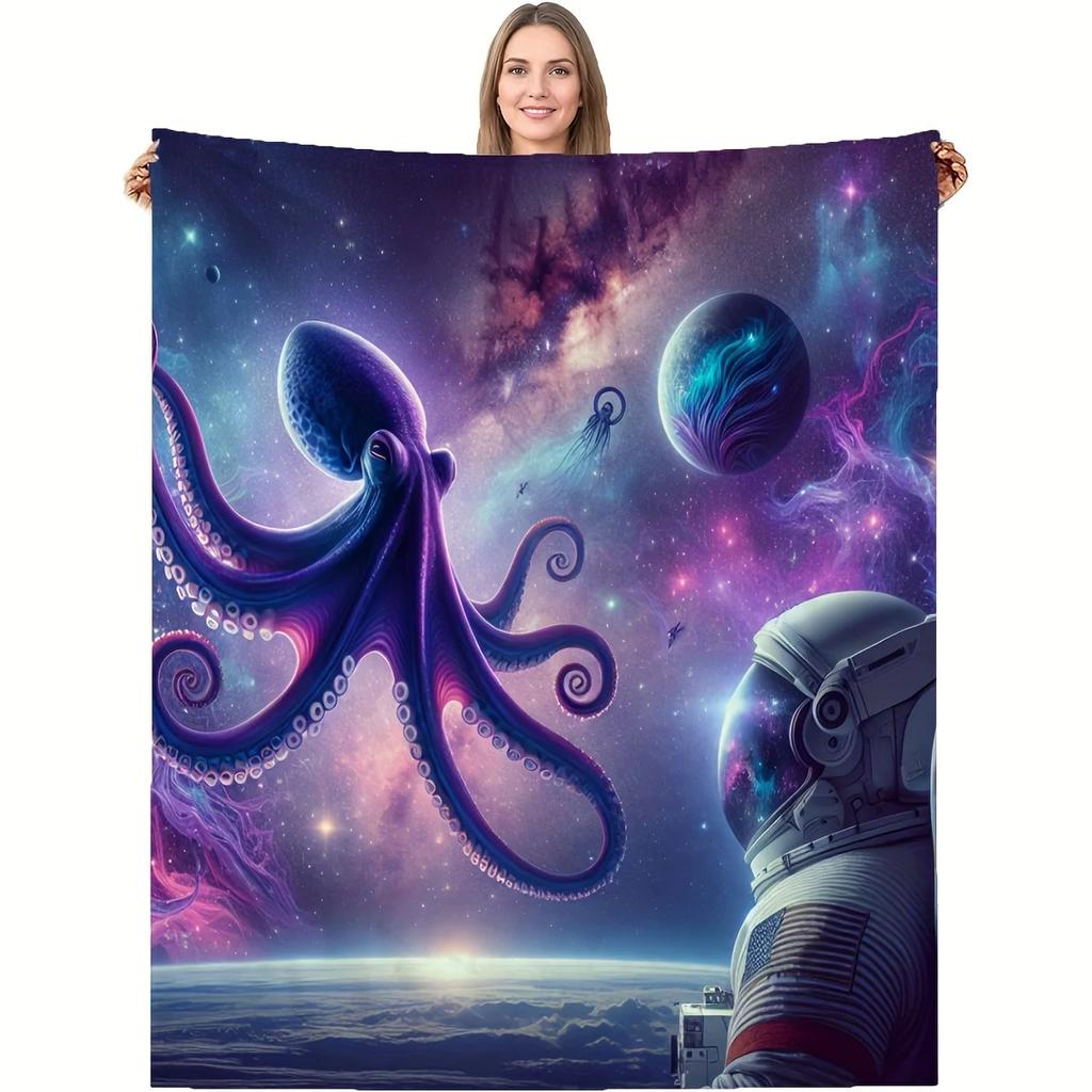 Starry Astronaut Octopus Soft Flannel Throw Blanket for Bed Sofa Camping Gift Perfect for All Seasons