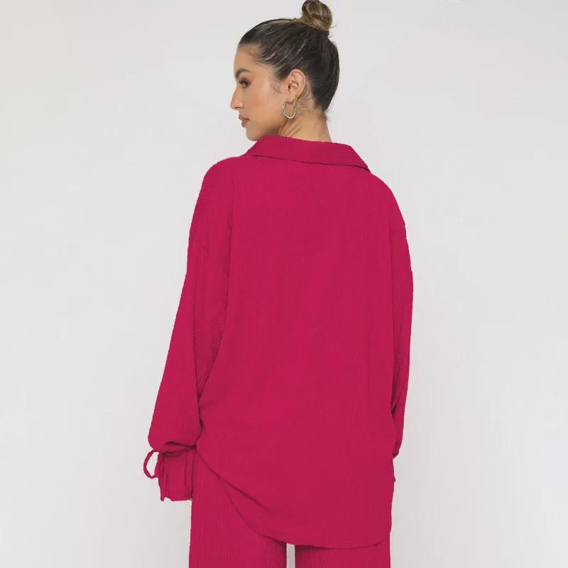 Evropský a americký jednobarevný top s dlouhým rukávem a klopami se zavazováním a sada kalhot pro podzim/zimu