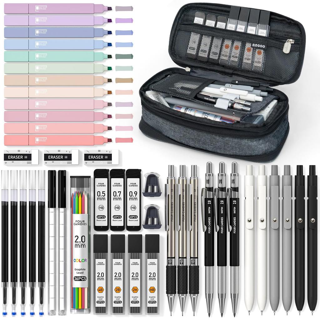Four Candies 45-Piece Stationery Set: Pencil Case, Mechanical Pencils (0.5, 0.7, 0.9 & 2.0mm), Gel Pens, Highlighters, Writing Utensils, School Suppli