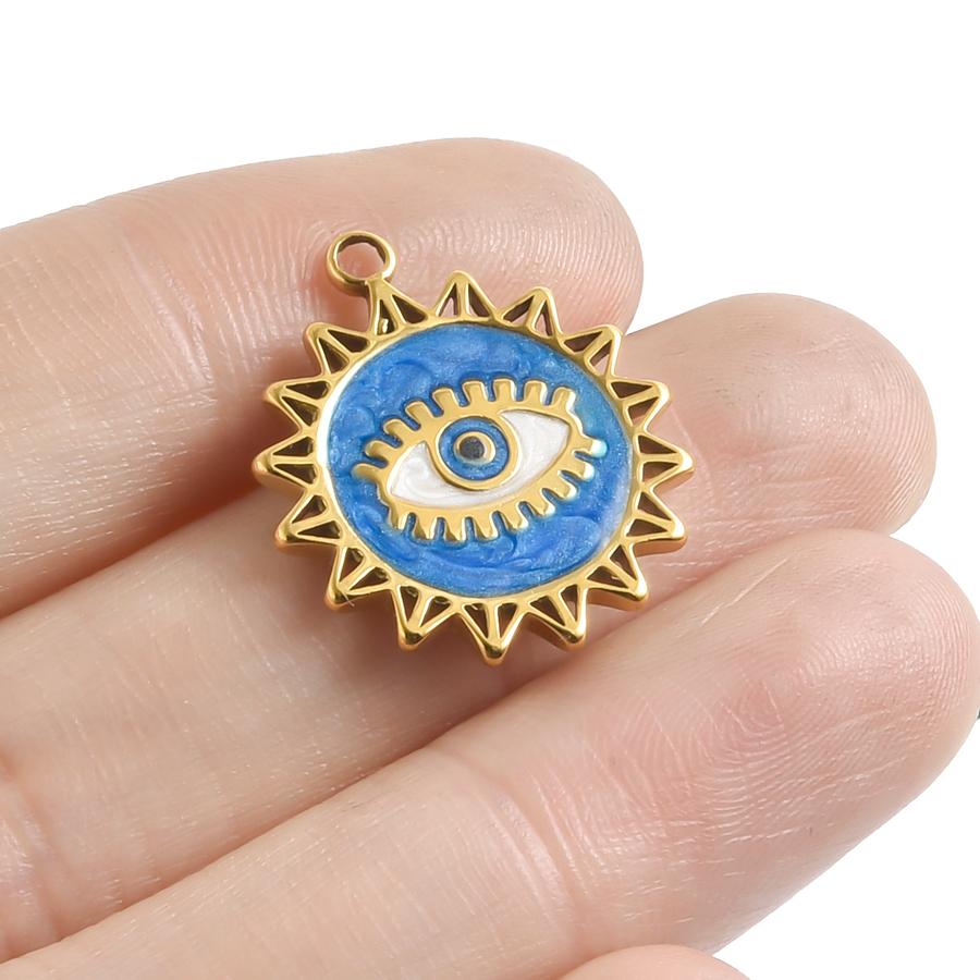 Hand Drip Oil Blue Sun Eye Pendant Rhinestone Stainless Steel Evil/Turkish Eye Charms For Jewelry Making Supplies Charm Material