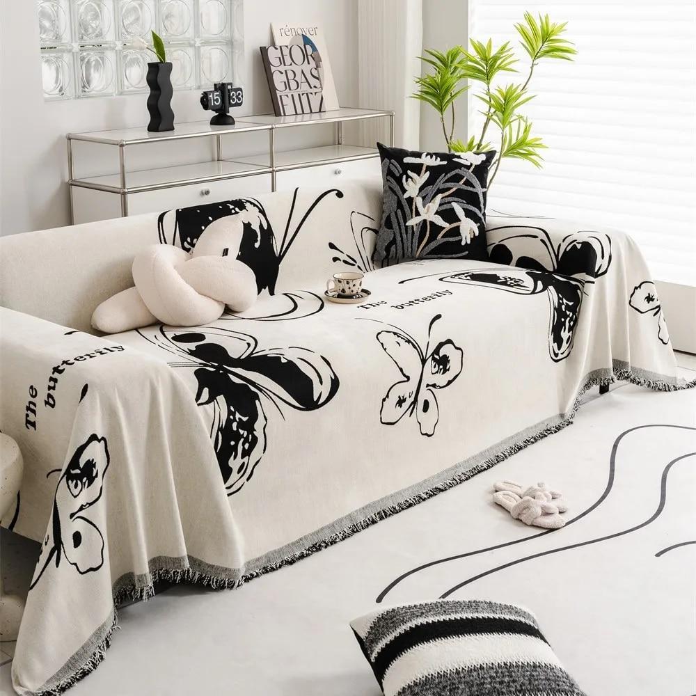 Nordic Butterfly Floral Print Soft Sofa Towel Blankets Outdoor Camping Picnic Large Blanket Leisure Towel White Travel Sofa Mat