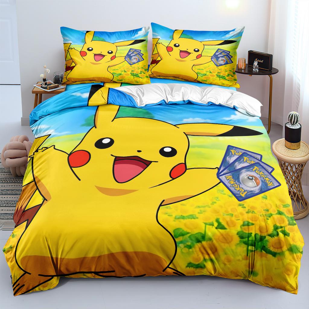 Sött P-Pokémon Sängkläder Set för Barn Pojkar Tecknad Tryckt Påslakan Täcke Set Pikachu Överdrag Sängkläder Set