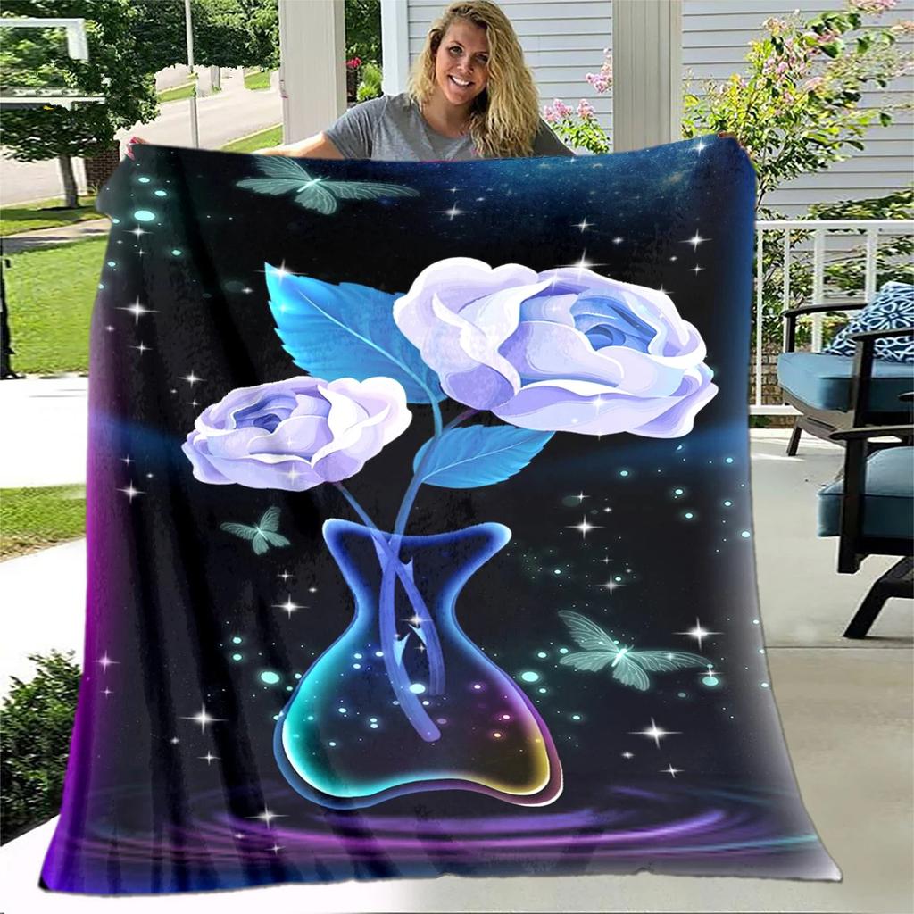 Rose Print Flannel Blanket Soft Warm All Season Blanket Sofa Bedroom Office Blanket