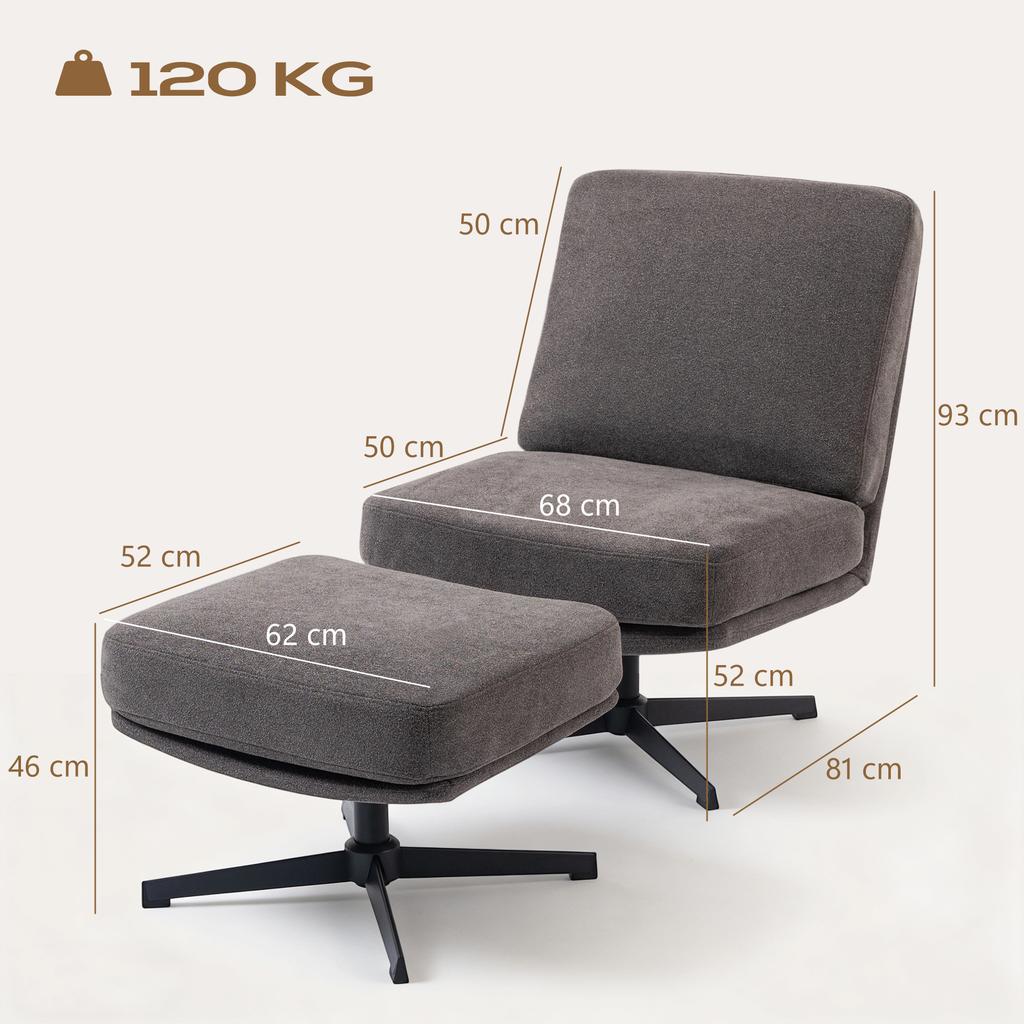 Armchair with Stool, Swivel Lounge Chair with Linen Look, for Living Room, Dark Grey