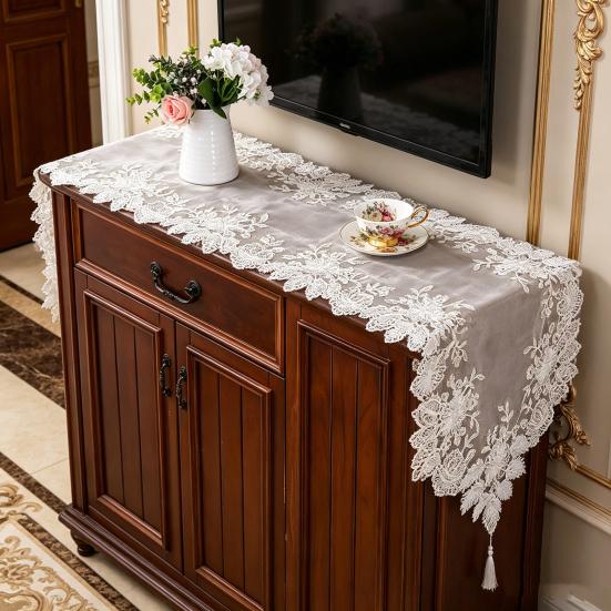 Lace Table Runner with Tassels, Anti-Wrinkle Vintage Table Runner, Decorative Runner with Beaded Flower & Leaf Embroidery for Dining Coffee Table