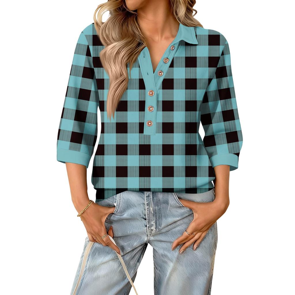 Blusa feminina moda verão casual gola V retalhos manga três quartos estampa xadrez