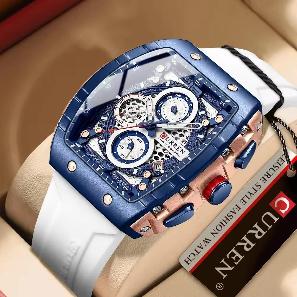 Curren 8442 Luxury Bussiness Chronograph Men's Tonneau Watches Silicone Band Casual Wristwatch Big Dial Quartz Clock