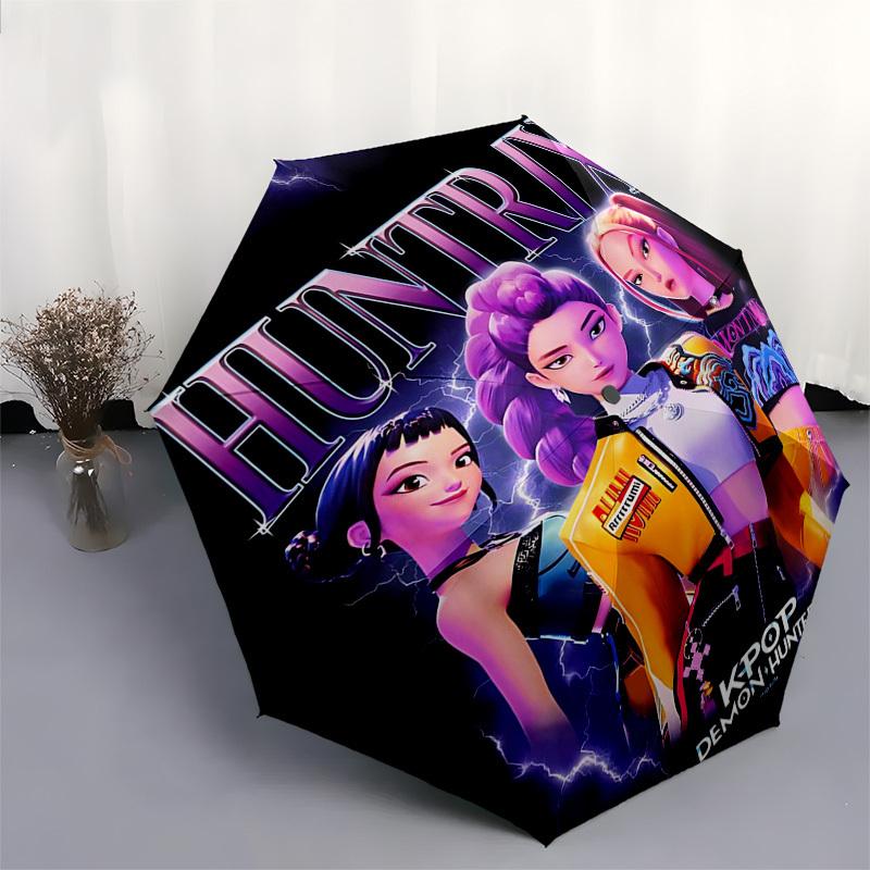 1pz Huntrix KPOP Demon Hunters Ombrello Pieghevole ad Apertura Automatica con Telaio in Ferro a 8 Stecche, Design Portatile per Uso Esterno, Regalo Ideale per Fan e Tra