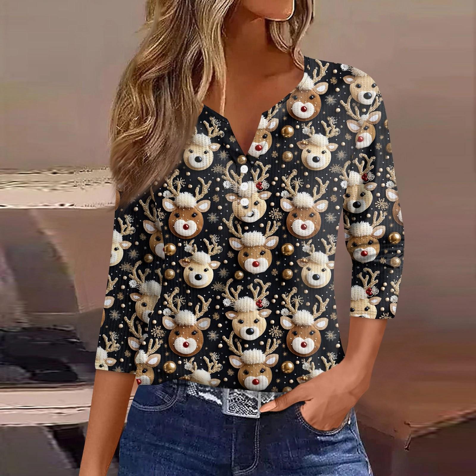 

Женская футболка с рождественским принтом, пуговицами, рукавом 3/4, вязаный свитер, повседневный, модный, с V-образным вырезом, обычный топ XL чёрный