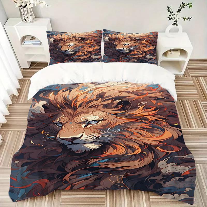 3pcs Lion Print Duvet Cover Set, Cover For Bedroom Guest Room (1 Duvet Cover + 2 Pillowcase, Without Quilt),  yy250922233