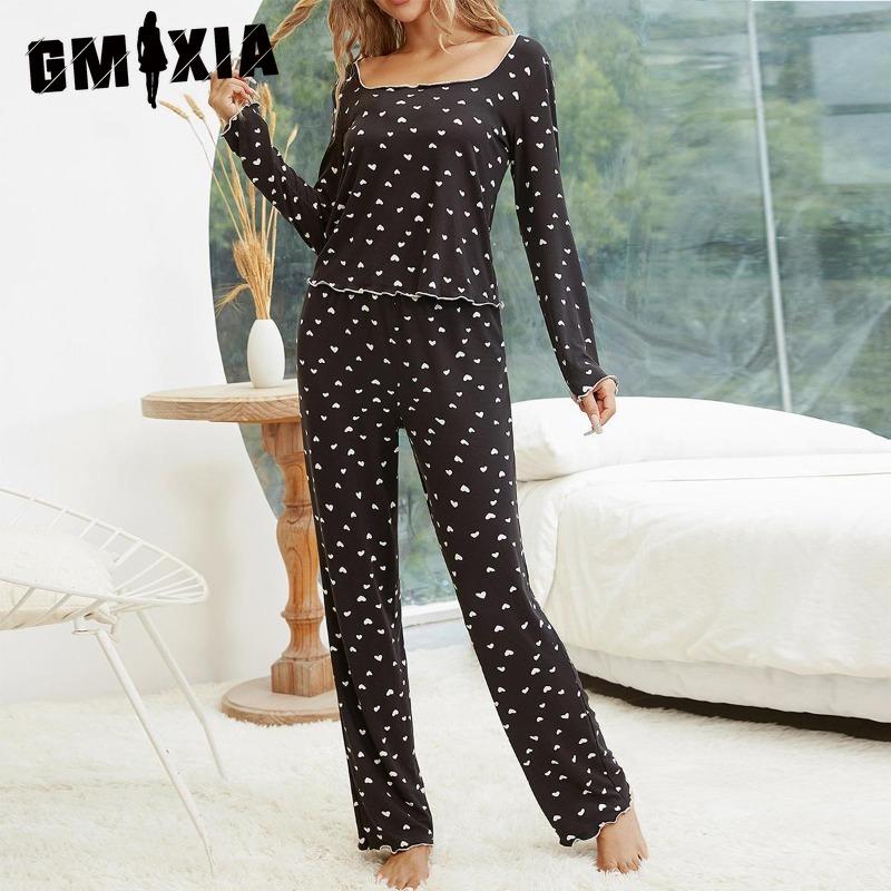

GMXIA Женская домашняя пижама Осень и Зима Принт «Любовь» С длинным рукавом Брюки Весенняя домашняя одежда Комплект из двух предметов XL чёрный