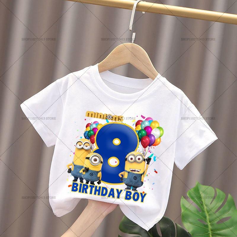 Minionses Cotton T-Shirt Anime Cartoon Print Tops Summer Kawaii Fashion Casual Short Sleeve Number 1-9 Birthday Clothes Gifts