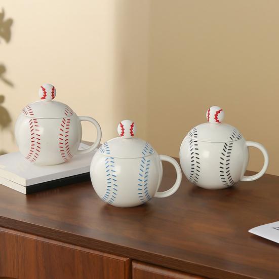 Tasse à café en forme de baseball avec couvercle Poignée en forme de C Tasse en céramique 420 ml Tasse à boire de l'eau pour café thé boissons Utilisation à la maison cuisine extérieur