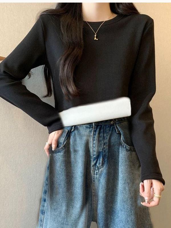Women's Fleece-Lined Round Neck Base Layer - Thick, Warm, Loose Fit, Long Sleeve T-Shirt for Autumn/Winter. Plus Size Available.
