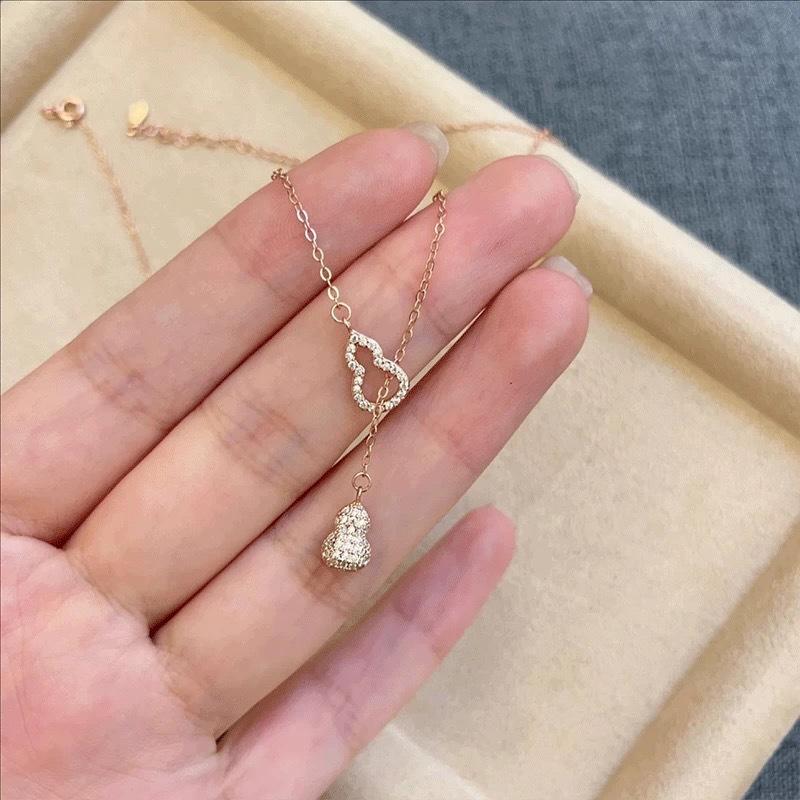 Elegant Gold-Plated Double Gourd Tassel Necklace for Women – Sparkly Clavicle Chain with Fu Lu Pendant