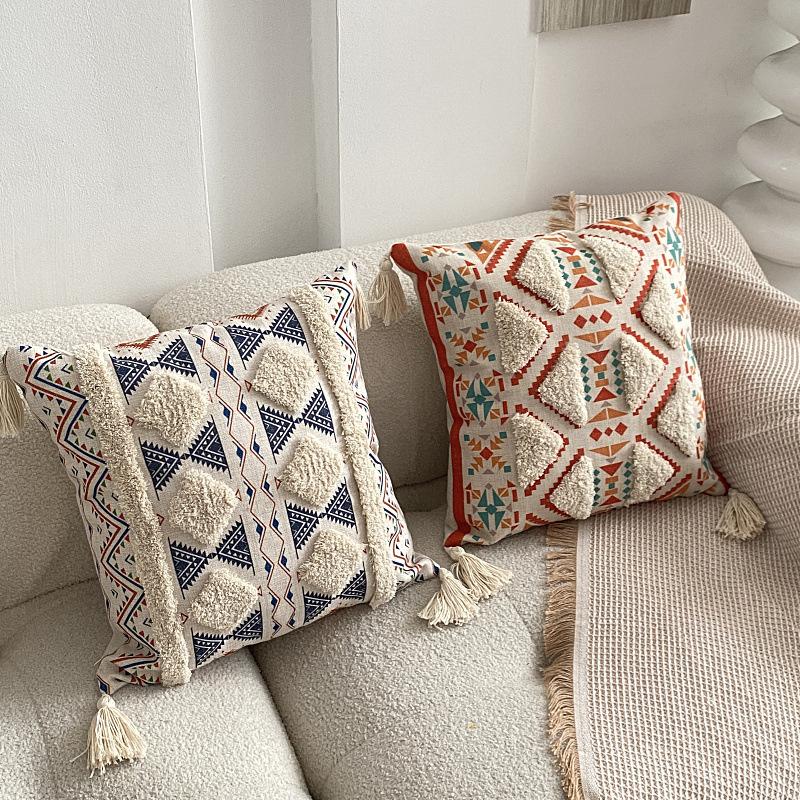 Housse d'oreiller à franges bohème Lin imprimé Style ethnique Housse de coussin Décorative Dossier de canapé Chambre Tête de lit Oreiller décoratif