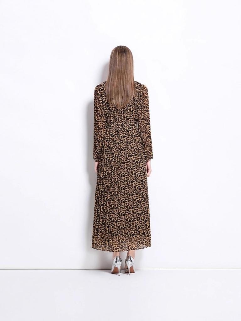 Plus Size Women's Dresses Women Fashion Studded 150cm Long Sleeve Leopard Pleated Maxi Dress New Arrival