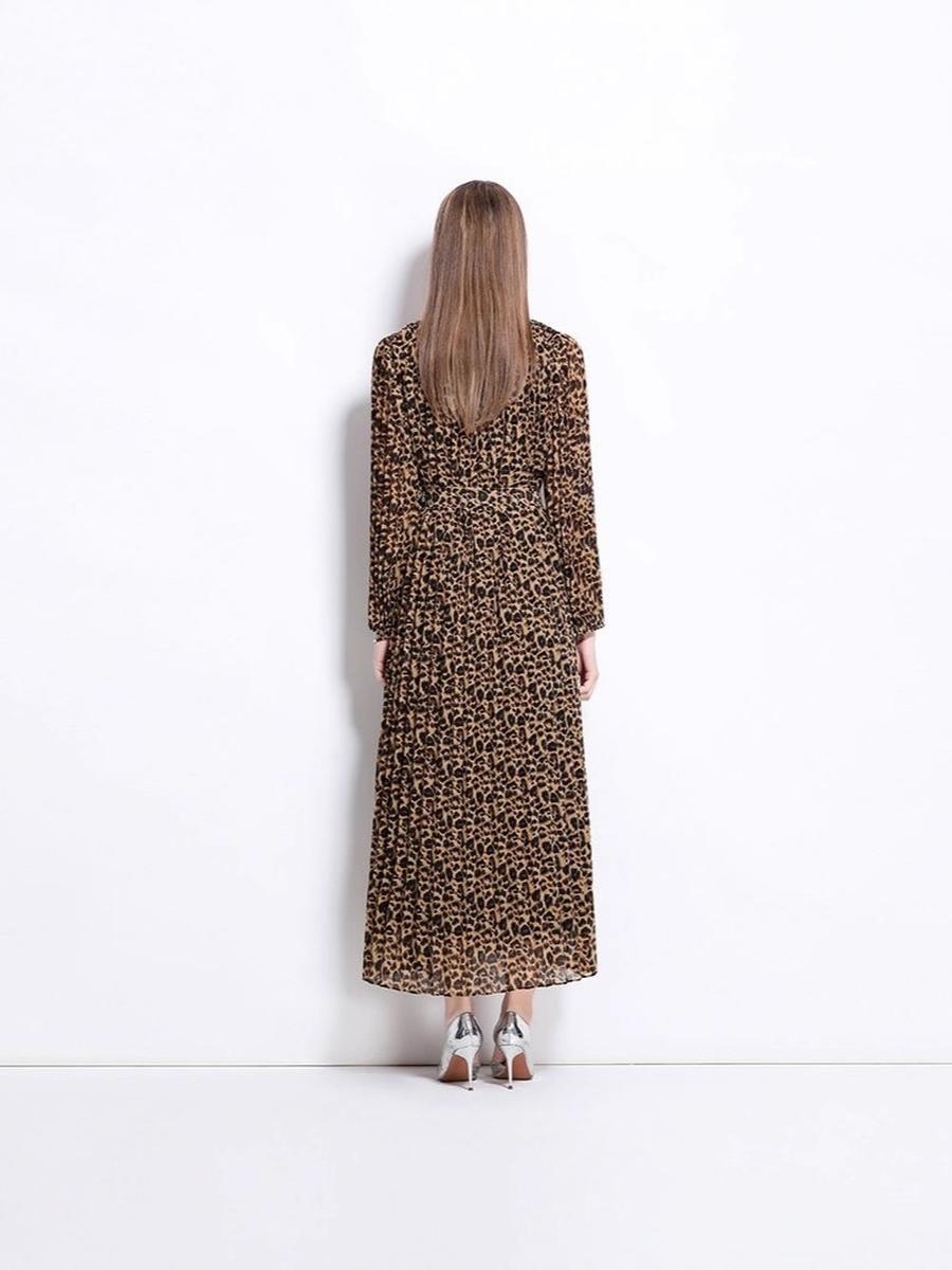 

Plus Size Women s Dresses Women Fashion Studded 150cm Long Sleeve Leopard Pleated Maxi Dress New Arrival XXXL пшеничний