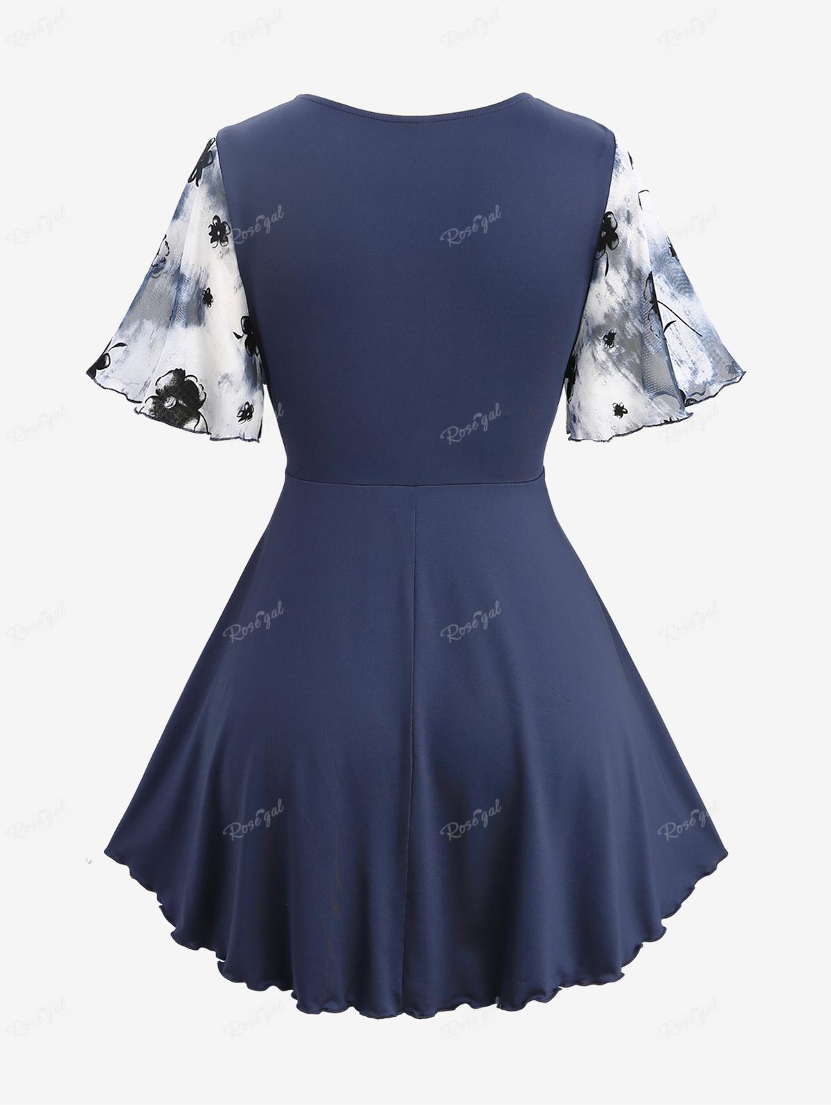 Rosegal Plus Size Tie Dye Mesh Floral Flocking Top Tied Layered Ruched Bust Top — фото 2