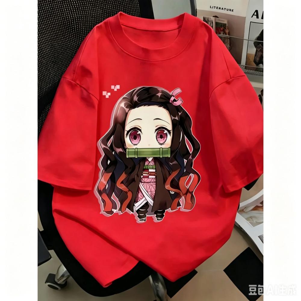 Demon Slayer Nezuko Q Version Cotton T-Shirt, Boys Girls Harajuku Streetwear Anime Short Sleeve Tee, Retro Casual Children Top