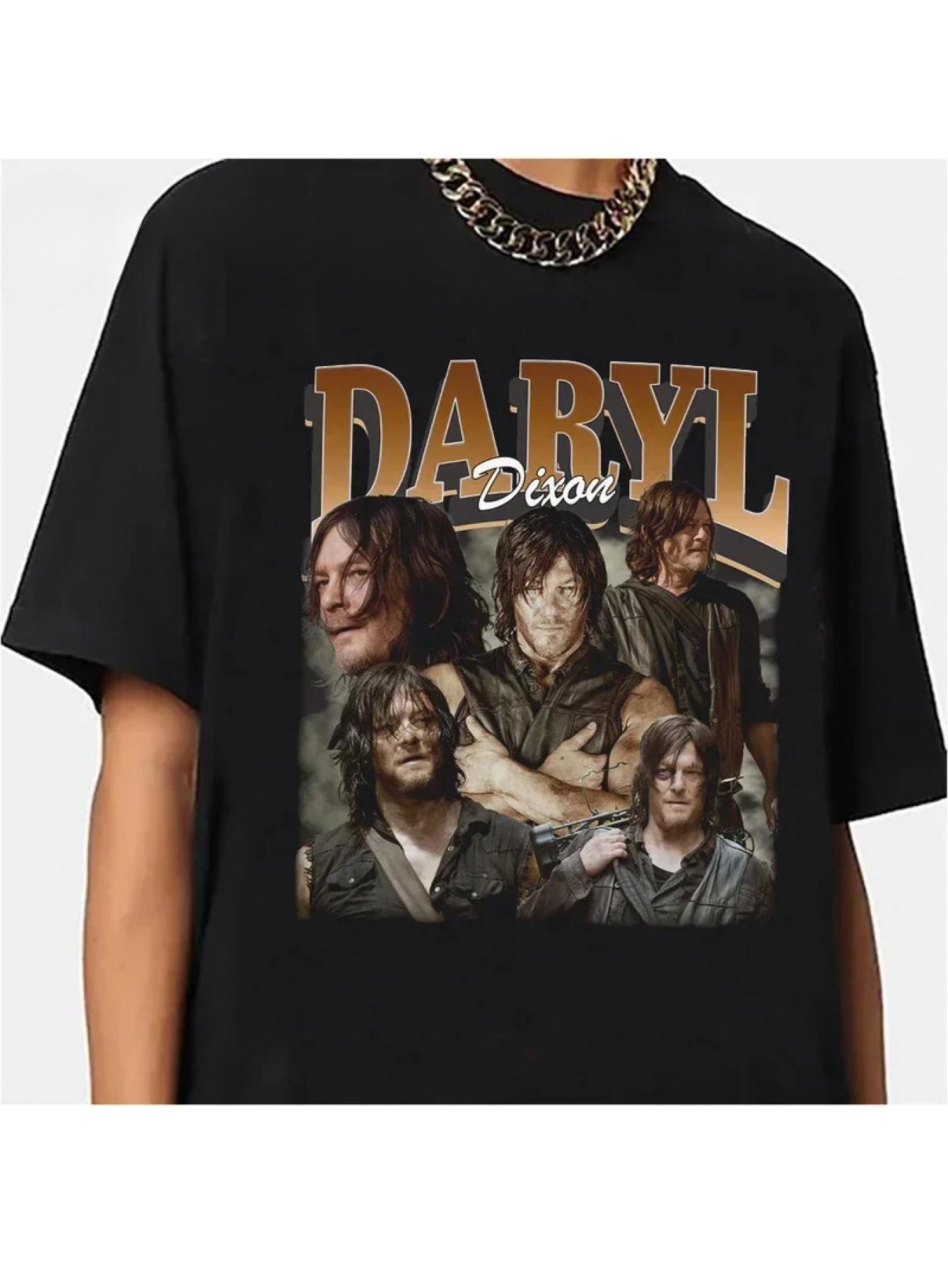 

Men s Retro Darryl Dixon Pattern T-shirt -90s Retro TV Series Style T-shirt, Black Print, Casual Style, Suitable for All Seas... S разноцветный