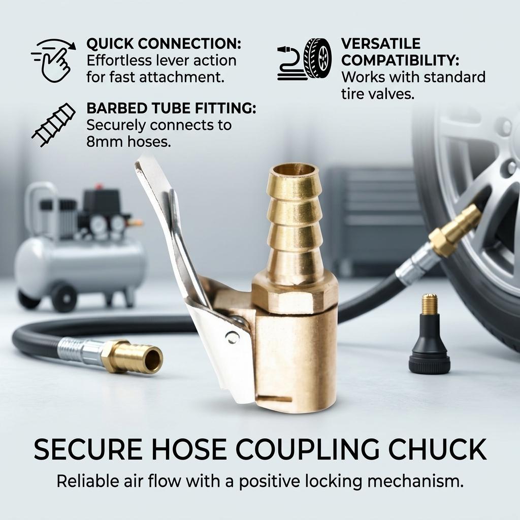 Tire Inflator Adapter with Locking Clip for Car Air Pump Brass Quick Connect Chuck