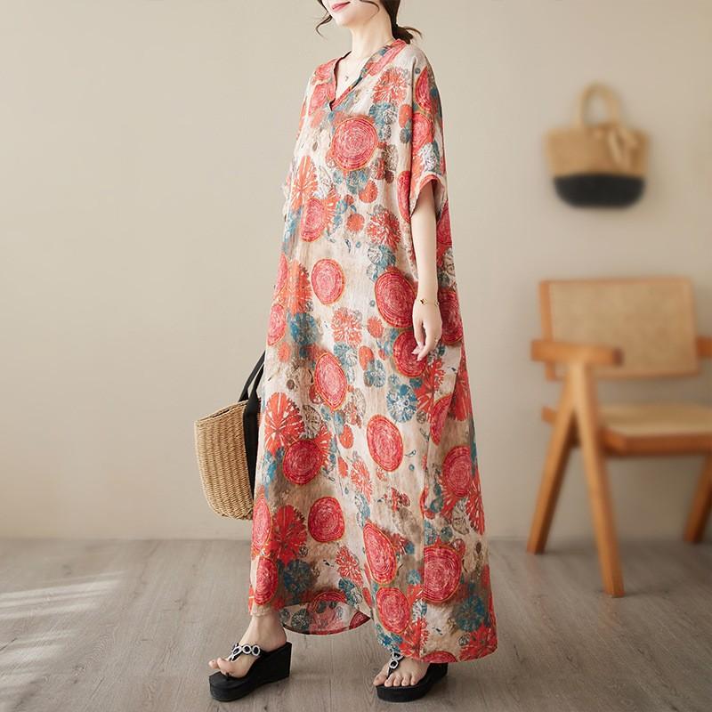Plus Size Floral Bohemian Cotton Linen Round Neck Travel Dress Loose Large Size Vintage Holiday Long Dresses