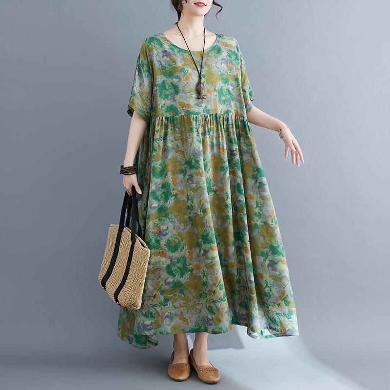Dimanaf Vestido de Verano Talla Grande para Mujer Casual Largo Vintage Lino Suelto Básico Estampado Floral