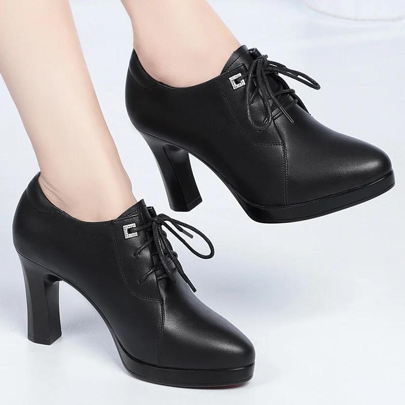 Fashion Women Thick Heel Fashion High Quality Short Ankle Soft Leather Boots Classic Brown Lace-up Spring Autumn High Heel Boots