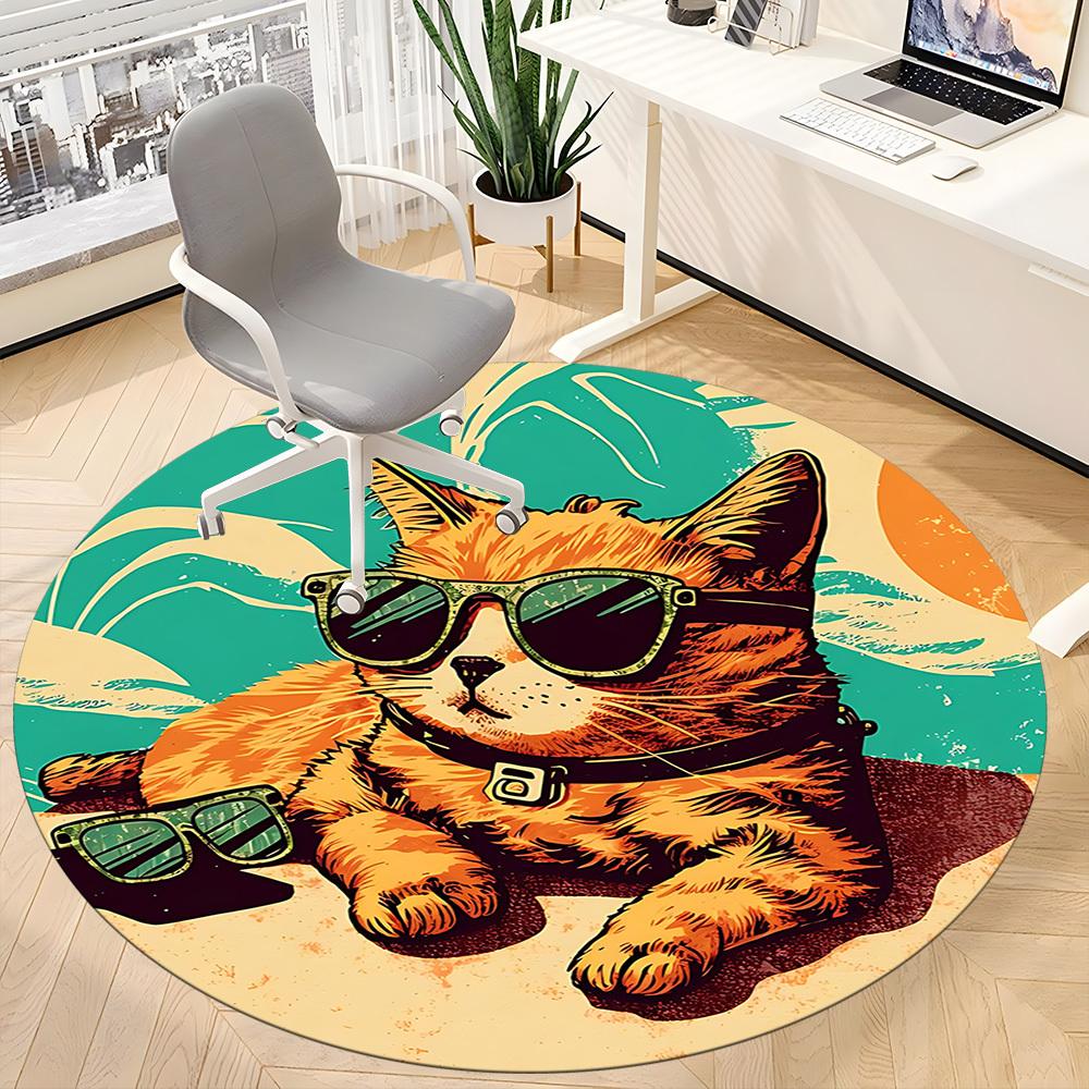 1pc Sunglasses Beach Cat Office Round Area Rug, Under Office Chairs Bedroom Living Room Home Decor, Room Deco