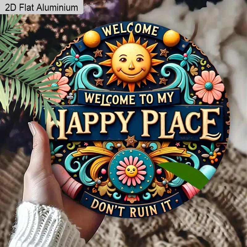 2D Flat 1pc Welcome Aluminum Hanging Plaque, Colorful Sun and Floral Welcome Signs, Porch Decor, Patio Decor, Whimsical Home Entrance Decor