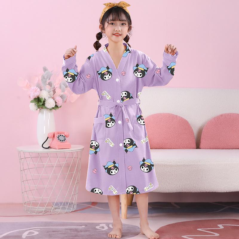 Girls' Combed Cotton Long-Sleeve Pajama Robe - Spring/Summer Bathrobe for Kids, Cute Sleepwear for Middle and Big Girls