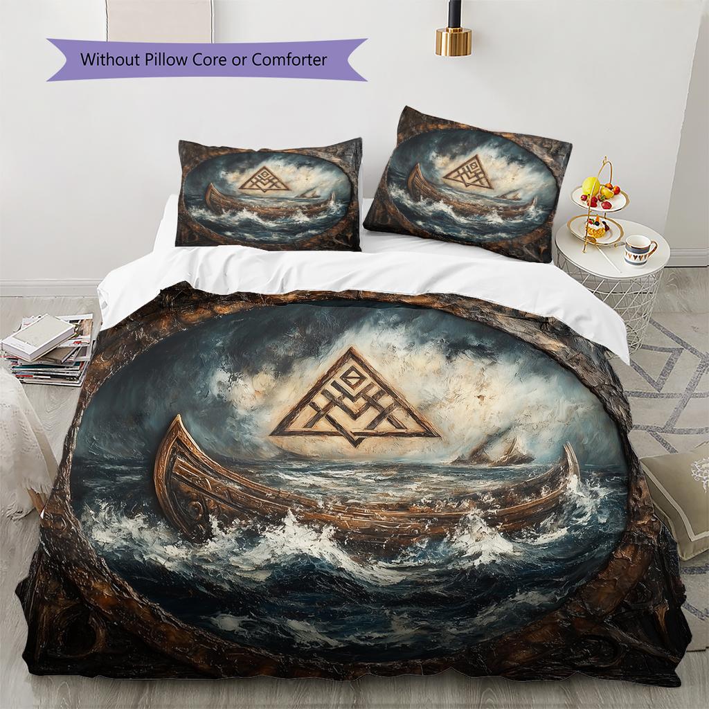 Viking Longship Pattern Bedding Home Decoration Birthday Gift (1 * duvet cover + 2 * pillowcase, without core)