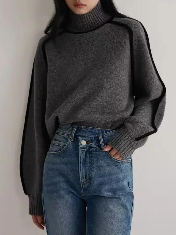 Podzim Zima Móda Nový Volný Svetr Dámský Elegantní Pletený Polovysoký Límec Dlouhý Rukáv Topy Elegantní Prošívání Dojížděcí Styl Teplý Svetr