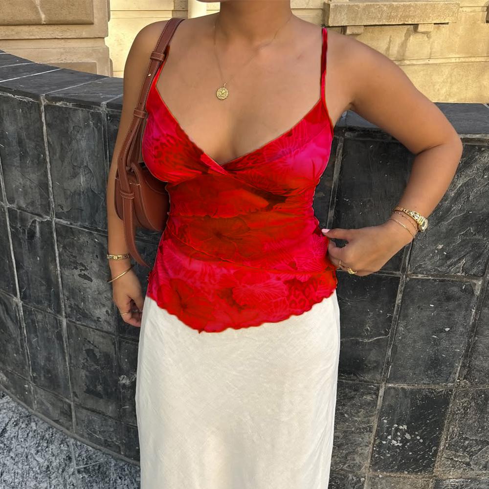 

Women Summer Vintage y2k Aesthetic Crop Tops Floral Print Boho Sleeveless Spaghetti Strap Mesh See Through Coquette Tanks Camis XL