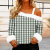 Women's Off-the-shoulder Plush Neck Printed Long-sleeved Pullover T-shirt Top