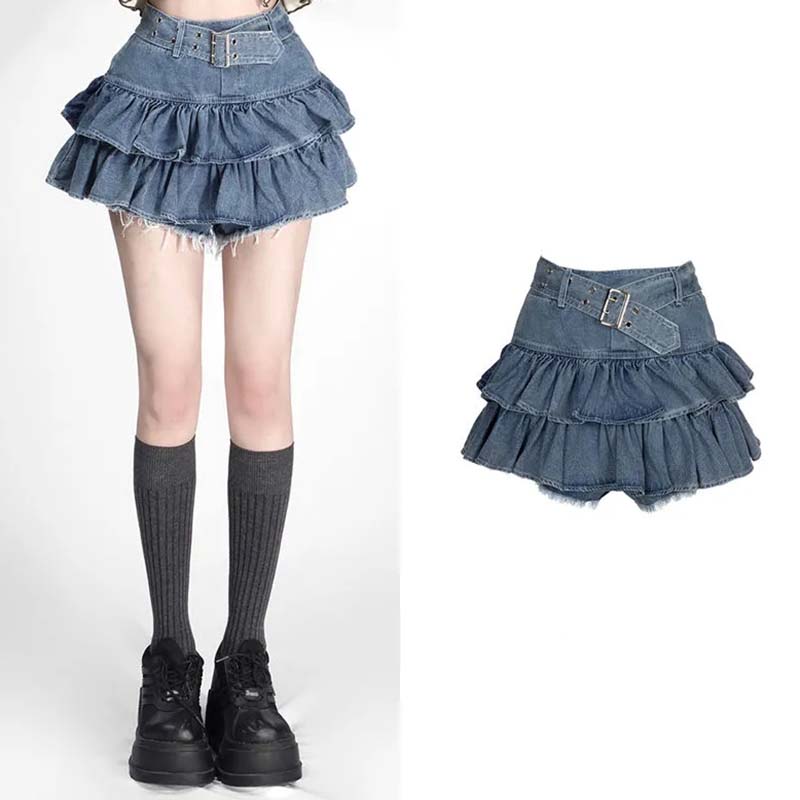 Jeansrock mit doppelter Rüsche und hoher Taille, kurz, blendfrei, dünn, A-Linie, Kuchenrock, Y2K-Mode, süß, sexy, Frühling und Sommer
