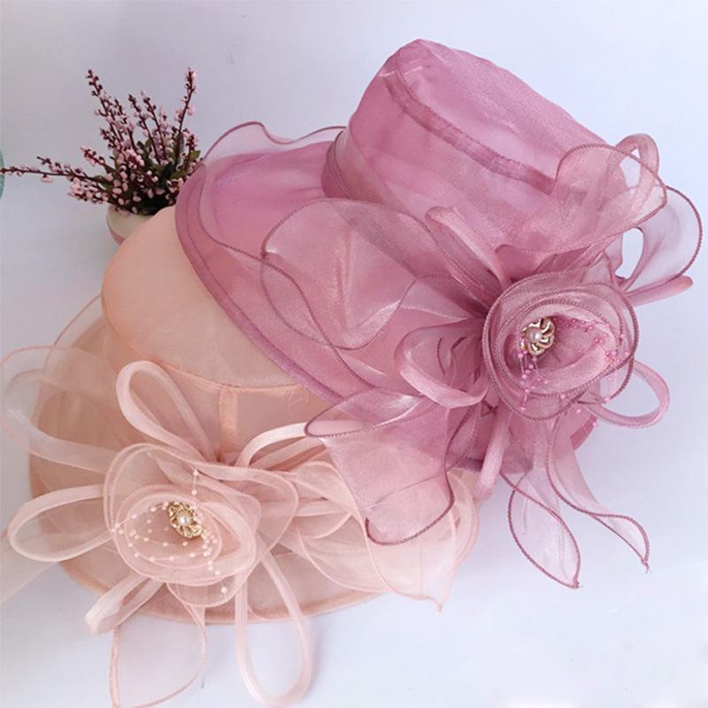 New Women's Summer Korean Style Wide Brim Sun Hat with Mesh and Organza Floral Design