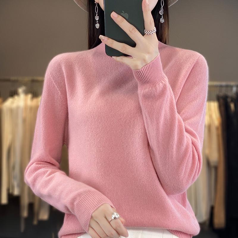 Women's Seamless Wool Sweater: Autumn/Winter Half-High Neck, Loose Fit, Knitted Base Layer