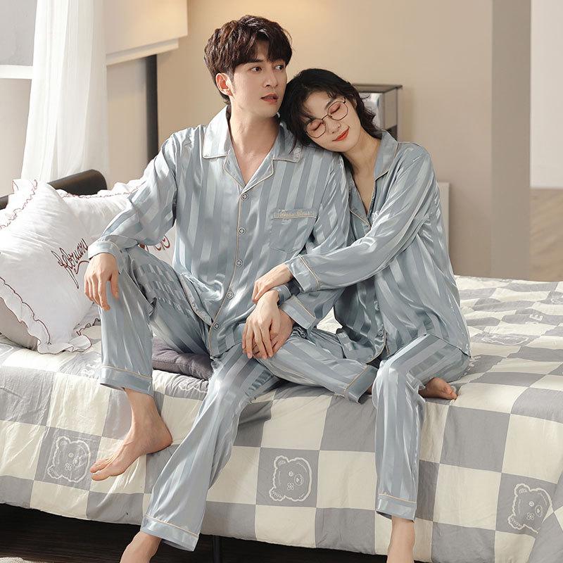 Couple Pajamas Women'S Ice Silk Long-Sleeved Loungewear Men'S Silk Spring And Summer Thin Imitation Silk Suit
